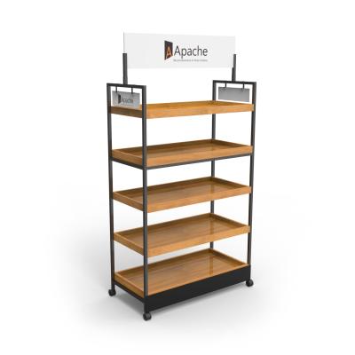 China Stores Point Of Sales Displays Wooden Tray Salad Display Stand With Wheels for sale