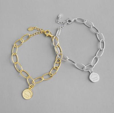 China BOHEMIA Statistical Love Being Always Finally Letter Drop Gold Tone Chunky Chain 925 Sterling Silver Coin Pendant Bracelet S925 Bracelet for sale