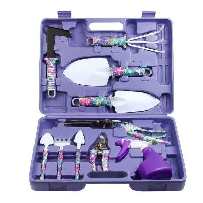 China Garden Amazon Hot Sales Purple Flower Printing Hand Gardening Kits With 10pc Plastic Garden Tool Kit for sale