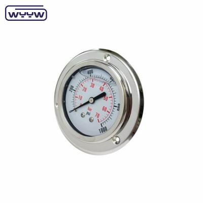 China Roestvrij staal 63MM 10 bar 16 bar industriële flenspaneel Silicone of glycerine gevulde drukmeter Te koop