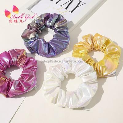 China BELLEGIRL New Style Popular Custom Leather Band Hidden Zipper Pocket Hair Scrunchies PU National Flag Polka Dot Stripe Hair Scrunchies for sale