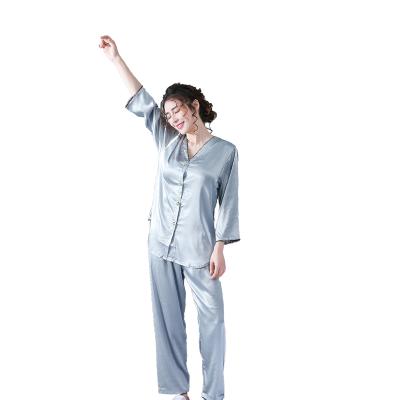 China 2019 Simple Detail Satin Color Long Sleeves Custom Nightgown QUICK DRY 100% Silk Piping Set Women Pajamas for sale