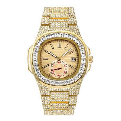 China Iced Out Day/Date 2021 Release Quartz Watch Shine Diamond Gold Silver Colorful Bling Hip Hop Luxury Watch For Men Wristwatch Gifts for sale