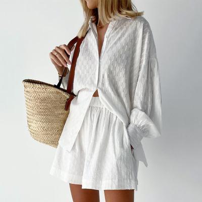 China Anti-pilling women clothes 2022 new arrivals two piece set long sleeve blouse wide Shorts Suit lady outfits for sale