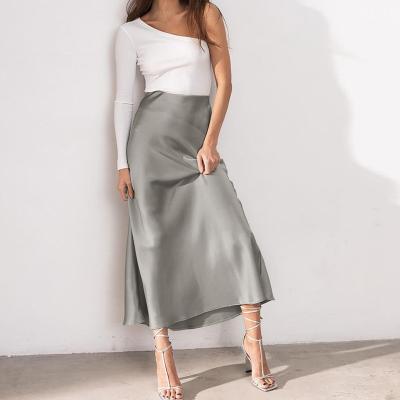 China Anti-Static 2022 summer solid satin silk skirt women high waisted long elegant ladies midi office skirts for sale