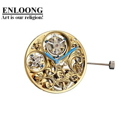 China 2020 ENLOONG Real Luxury Double Tourbillon Skeleton Movement With OEM LOGO ELT0583 Golden Tourbillon Watch Manual Winding Movement for sale