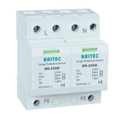 China BRITEC BR-25GR 2P Low Voltage ac lightning arrester 25kA Type 1 Surge Protection Device lightning protection spd t1 for sale