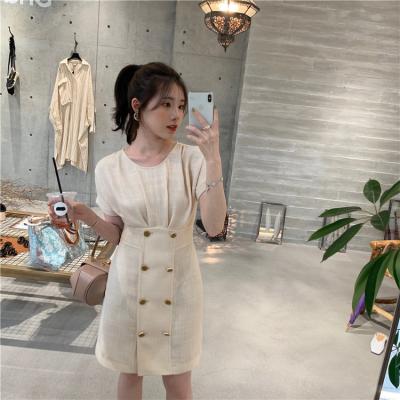 China ASM ANNA Fashion Office Ladies O-Neck High Breathable Button Double Waist Short Sleeve Summer Short Skirt for sale