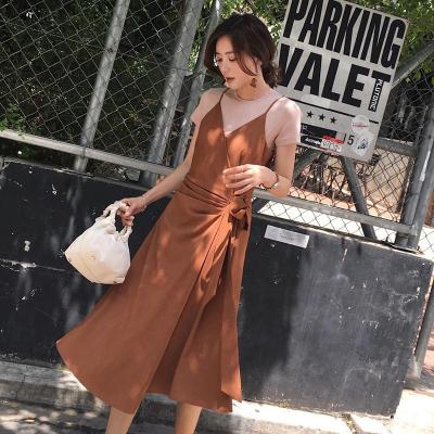 China ASM ANNA Summer New Viable Slim Waist High V-neck Strapless Medium Length Dress for sale