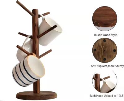 China Wooden mug tree stand 6 hook counter coffee bar storage rack for sale