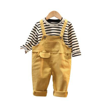 China 2021 Newest Product Kids Casual Baby Cartoon T-shirt Baby Striped Long Sleeve Suspenders 2 Pcs for sale