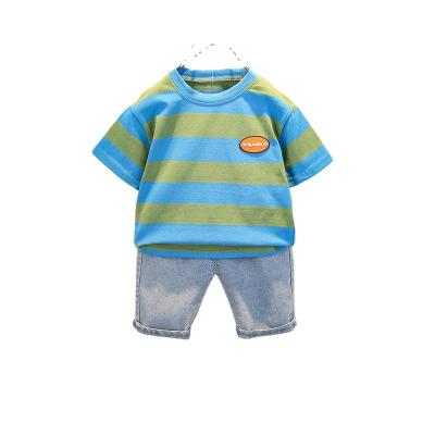 China Boys casual suit new summer style letter leather label suit children's short-sleeved striped shirt 2 pieces wholesale for sale