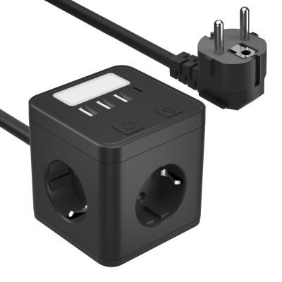 China Anti-Fire PC/ABS European standard desktop 4 AC Outlets with 3 USB with night light tower surge protector power strip for sale