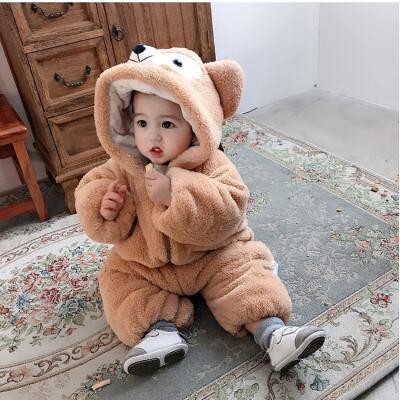 China Baby Soft Comfortable Cartoon Bear Thick Woolen Tracksuit Clothes Toddler Kids Boy Girls Cute Ear Zipper Shear Hooded Warm Outwear Onesie for sale