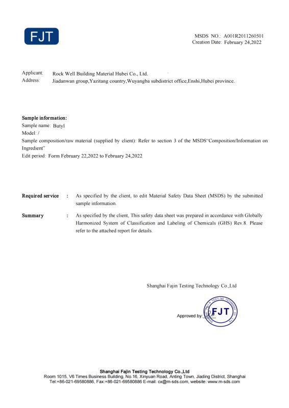 Butyl MSDS - Rock Well Building Material Hubei Co., Ltd.