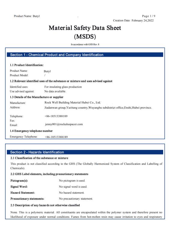 Butyl MSDS - Rock Well Building Material Hubei Co., Ltd.