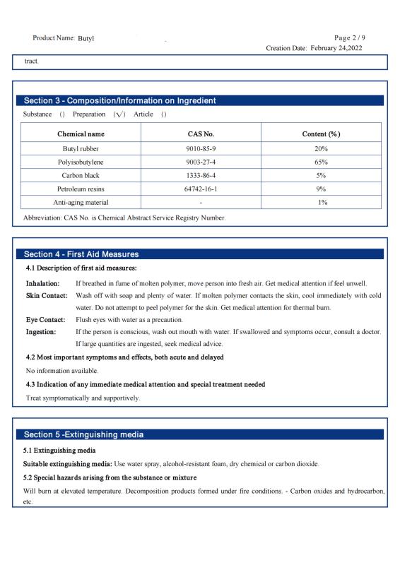 Butyl MSDS - Rock Well Building Material Hubei Co., Ltd.