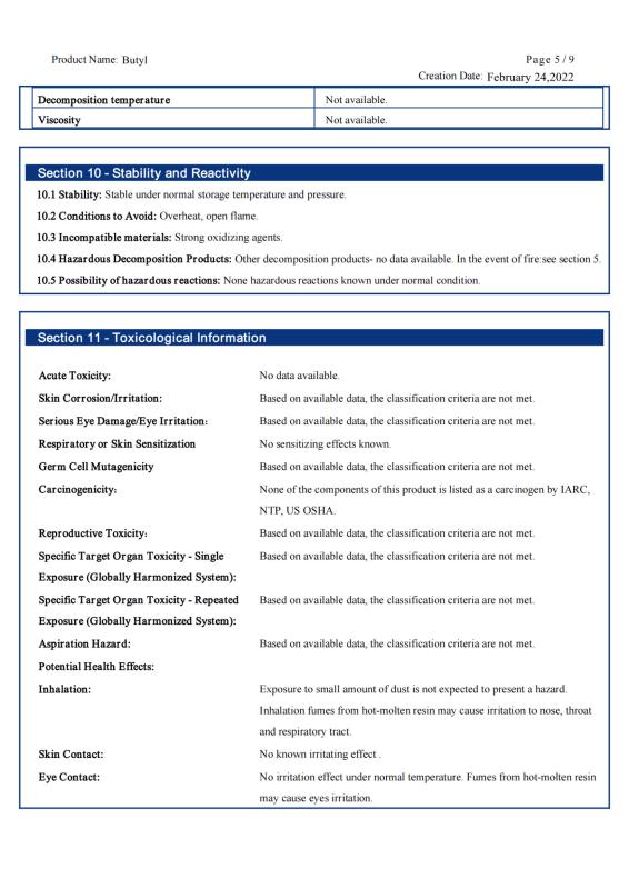 Butyl MSDS - Rock Well Building Material Hubei Co., Ltd.