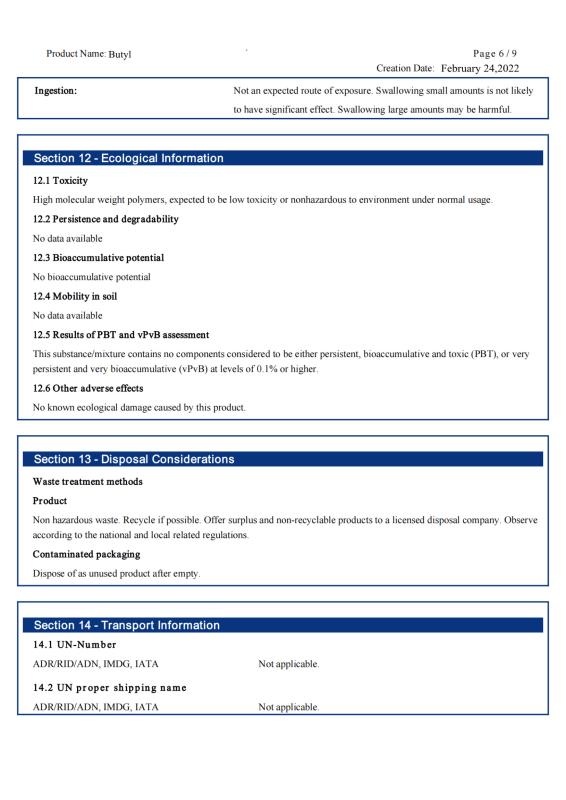 Butyl MSDS - Rock Well Building Material Hubei Co., Ltd.