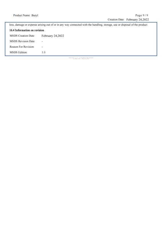 Butyl MSDS - Rock Well Building Material Hubei Co., Ltd.