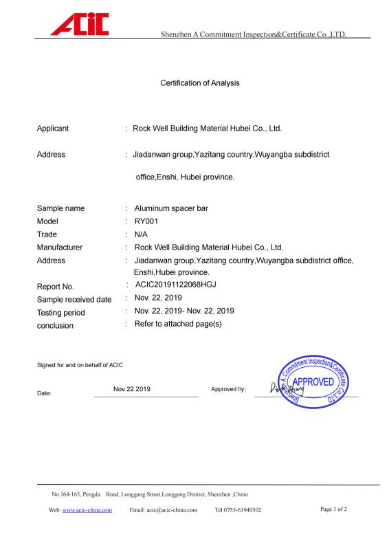 Certification of Analysis - Rock Well Building Material Hubei Co., Ltd.