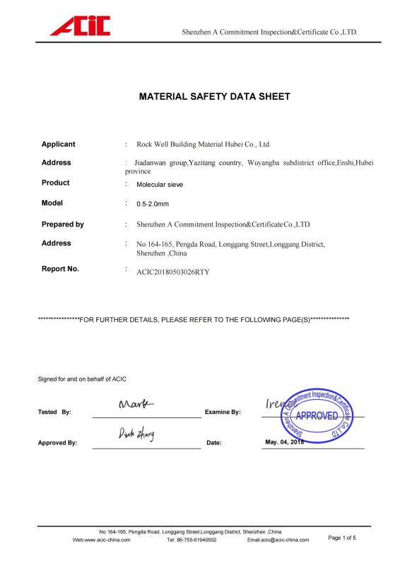 Molecular sieve MSDS - Rock Well Building Material Hubei Co., Ltd.