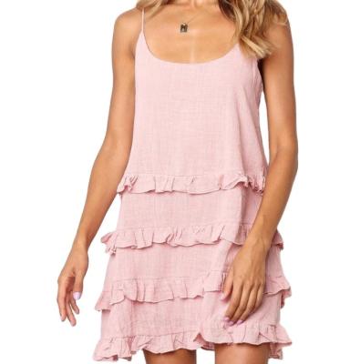 China Hot Sale Anti-Static Women Dresses 100% Linen V-Neck Spaghetti Strap Ruffled Summer Sleeveless Sexy Mini Dress for sale