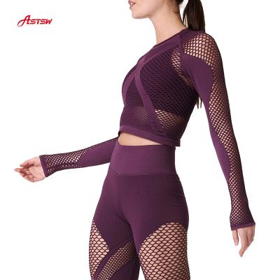 China Wholesale Breathable Mesh Stitches Hollowed Out Sport Wear Sexy Breathable Seamless Long Sleeves Gym Top for sale