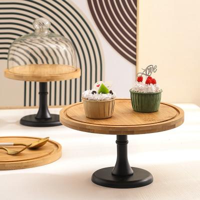 China Bamboo Cake Stand Dessert Bamboo Stand with Customizable Glass Cover Turntable for sale