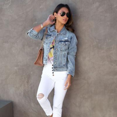 China QUICK DRY Europe and the United States broken light color denim coat women's fashion casual wash lapel jacket women for sale