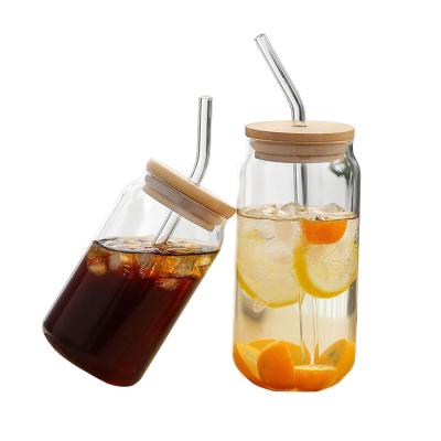 China 16 Ounce Clear High Borosilicate Glassware Beer Can Coffee Mug Heat Resistant Water Cup With Lid Straw for sale