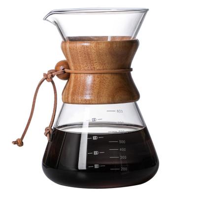 China Stored 800ml Hot Glass Coffee Pot Hand Brew Coffee Sharing Pot Set Household Wooden Handle Pot Can Be Added Logo for sale