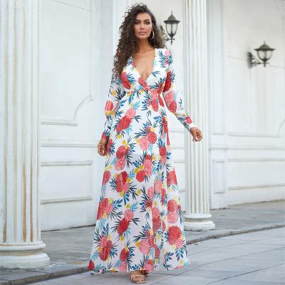 China Hot Selling Autumn/Summer Floral Printing Surplice Sexy Deep V Neck Anti-Static Split Thigh Casual Outfits for sale