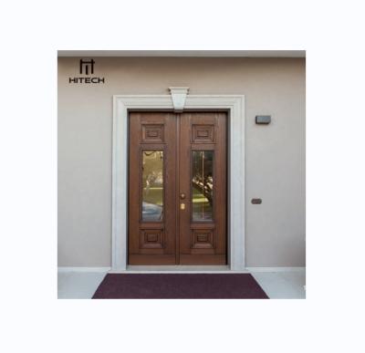 China Waterproof Technology Traditional Glass Inserted 3 Panel Front Design Entry Double Leaf Exterior Wood Door For Villa for sale