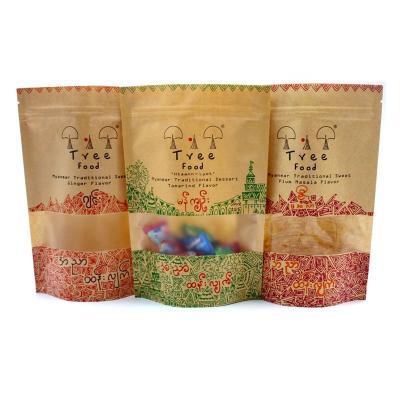 China Brown BIODEGRADABLE Paper Pouch Tote Bag Biodegradable Snack Food Packaging With Clear Window for sale