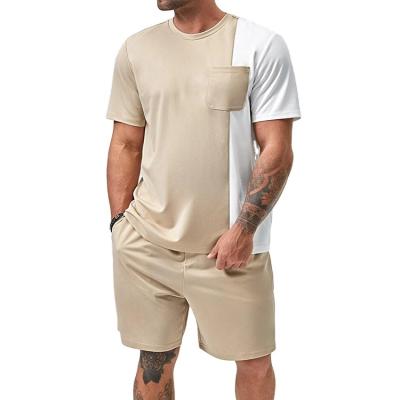 China Custom Breathable Men's Casual Crew Neck Color Block Splicing With Pocket T-shirt Shorts Set High Quality Cotton Spliced Tracksuit For Men for sale