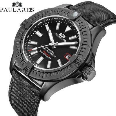 China Paulareis Mens Individual Luxury Watch Water Resistant Wind Bird Canvas Style Date Blue Black Genuine Leather Automatic Mechanical Band Watch for sale