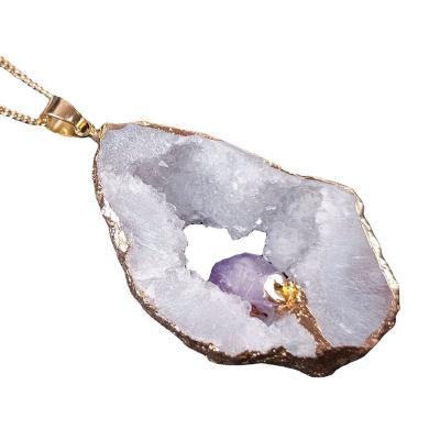 China Europe TaiLai Natural Stone Pendant Gold Edge Irregular Plated Agate Stone Crystal Pendant For Jewelry Making DIY Necklace 35X45mm for sale