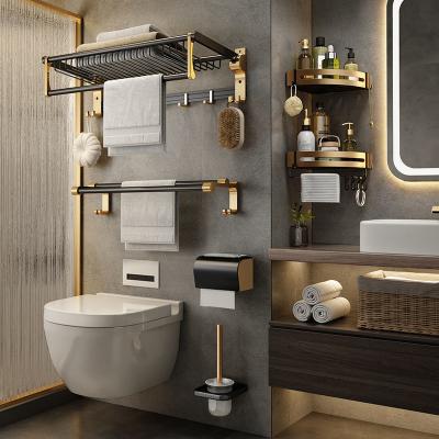 China Luxury Bathroom Hardware Toilet Shelf Black Gold Tissue Box Shower Trolley No Punching Shelf for sale