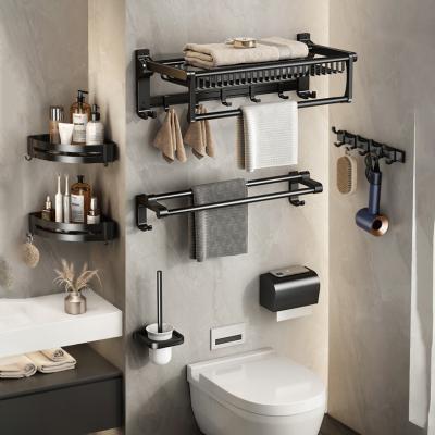 China Luxury Adhesive Wall Basket Shower Caddy Aluminum Material Sets Black Bathroom Accessories Set for sale