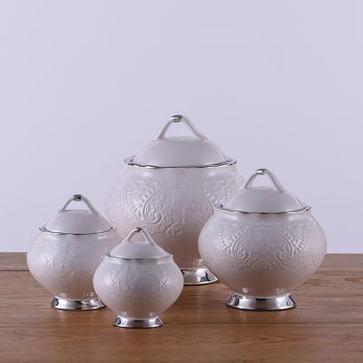 China Handmade White Silver Color Embossed Ceramic Coffee Tea Sugar Cookie Jar Microwavable Ceramic Canist for sale