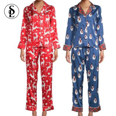 China QUICK DRY Custom Printed Long Sleeve Button Down Satin Christmas Silk Pajamas Set For Women for sale