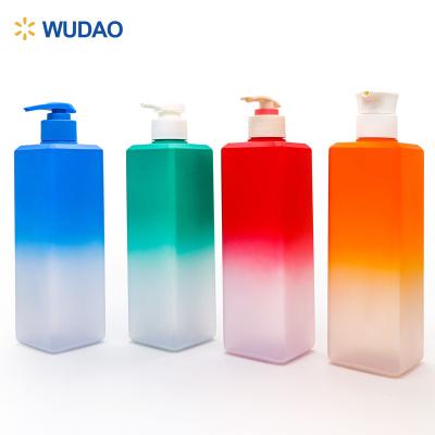 China Empty Cosmetics Packaging 500ml Gradient Square Bottle Shampoo Plastic Packaging Bottle With Pump for sale