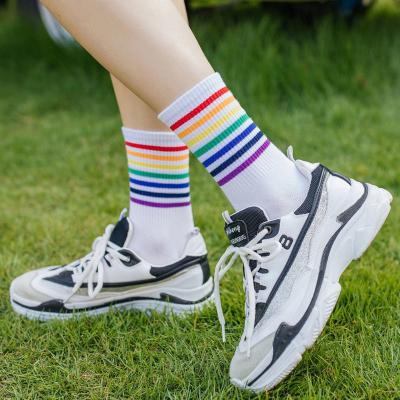 China Factory new style student sporty wholesale rainbow color pop socks ladies striped woman colored socks for sale