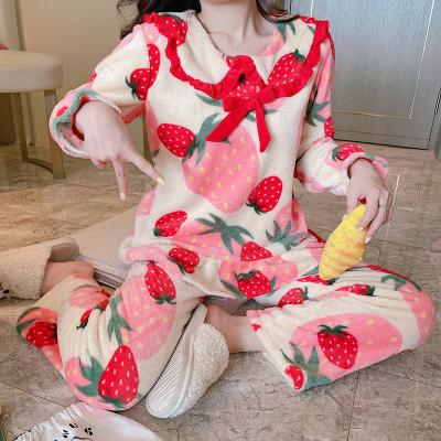China New Winter Women's Pajamas QUICK DRY Cute Big Strawberry Flannel Doll Collar Cartoon Sweater Home Clothes for sale