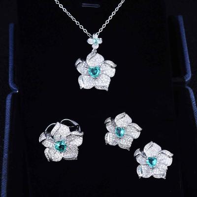 China Never Allergic And Lose To Fade Blue Crystal Zircon Flower Silver Plated Pendant Jewelry Set for sale