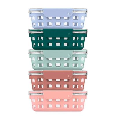 China Sustainable Glass Food Storage Containers Food Storage Meal Prep Bowls with Silicone Sleeve Airtight Lids Microwave Freezer Dishwasher Safe for sale