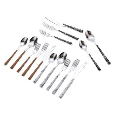 China Best Selling Cutlery Sustainable Ceramic Handle Flatware Sets Stainless Steel Serving Spoon Knife Fork Gold With Marble Grain Wood Handles for sale