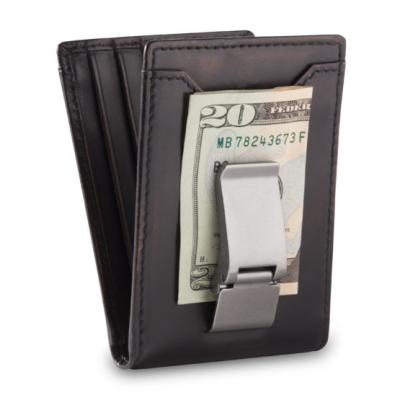China RFID Protection Slots For 3 Pocket Leather Front Window ID Credit Cards Mens Wallet Card Holder With Stainless Steel Money Clip For Cash for sale