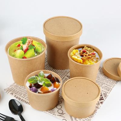 China Disposable Disposable Custom Printed 500ml Take Out Kraft Paper Cups Salad Soup Bowl With Lid for sale